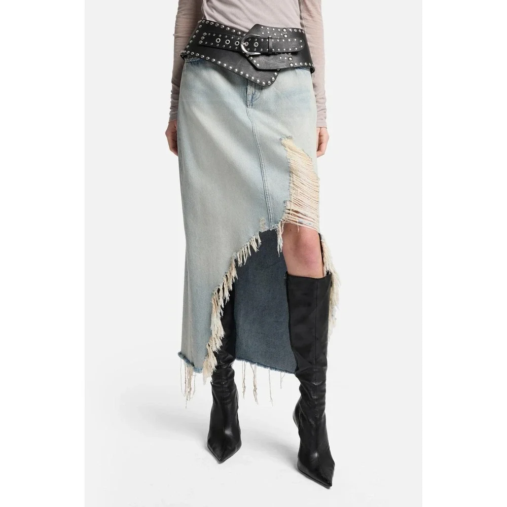 7 For All Mankind Distressed Asymmetrical Denim Maxi Skirt Size 27 - Picture 8 of 13